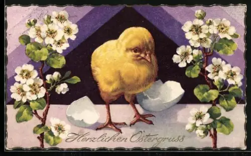 AK Osterküken inmitten von Blüten, Herzlichen Ostergruss