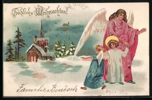 Präge-AK Weihnachtsengel verlassen die Kirche