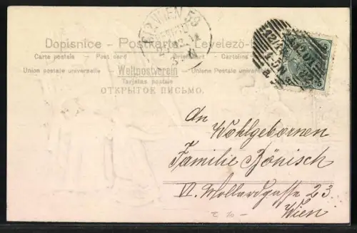 Präge-AK Weihnachtsengel verlassen die Kirche