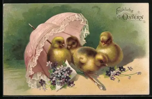 Präge-AK Osterküken einem unter Sonnenschirm, Veilchen, Fröhliche Ostern