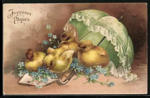 Präge-AK Osterküken sitzen mit Vergissmeinnicht unter einem Schirm, Joyeuses Pâques