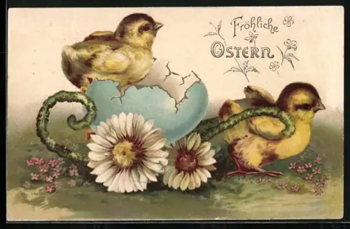 AK Osterküken zieht ein Osterei auf Blüten-Rädern