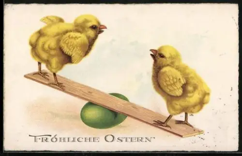 AK Osterküken auf einer Wippe mit Osterei