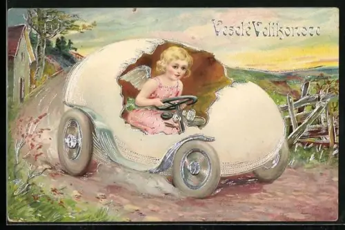 AK Osterengel fährt in einem Ostereier-Auto über die Landstrasse
