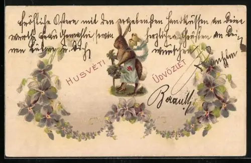 AK Osterhase trägt Osterküken in einer Eierschale auf dem Rücken