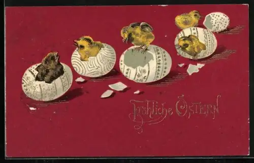 AK Osterküken schlüfen auf bemalten Eierschalen