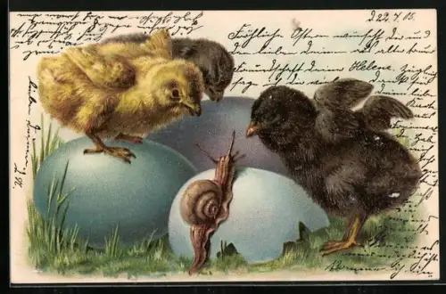 Präge-AK Osterküken beobachten eine Schnecke