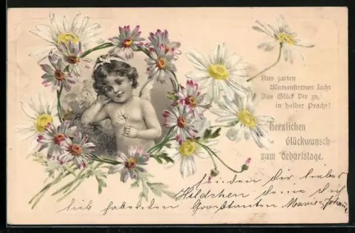 Präge-AK Kleiner Engel mit Blume in der Hand, Glückwunsch zum Geburtstag