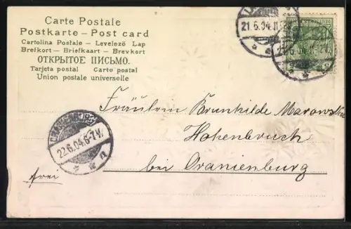 Präge-AK Kleiner Engel mit Blume in der Hand, Glückwunsch zum Geburtstag