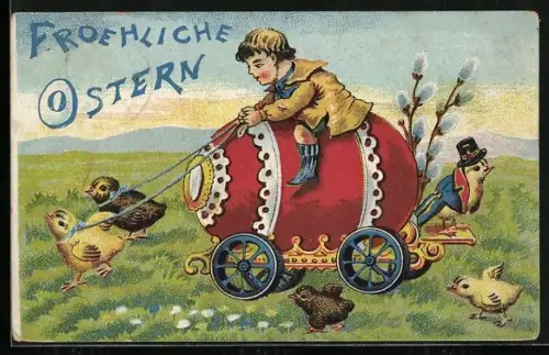 AK Osterküken ziehen ein Osterei auf Rädern
