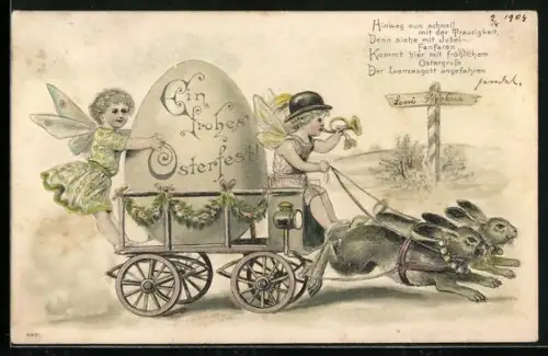 Präge-AK Zwei Elfen fahren mit der Hasenkutsche und transportieren ein riesiges Osterei