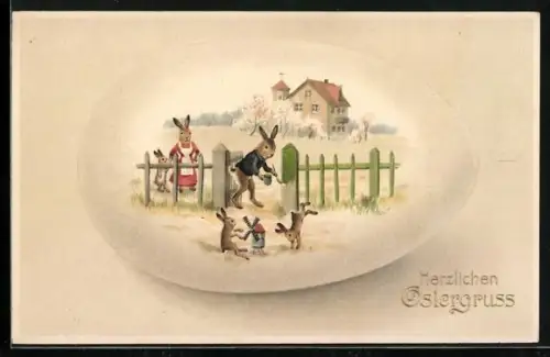 AK Osterhase mit Familie am Gartenzaun