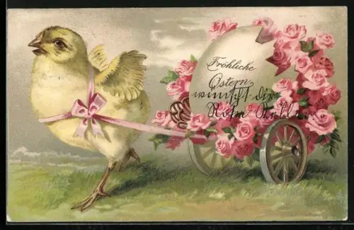 Präge-AK Osterküken zieht einen Wagen mit Rosenschmuck und Osterei