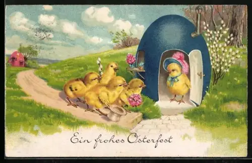 AK Osterküken-Dame empfängt Kükenbesuch im Eierhäuschen, Ostergruss