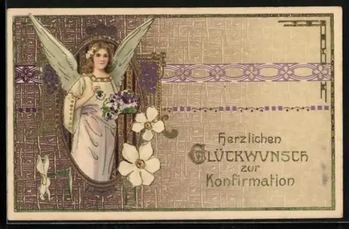 AK Engel mit Blumenstrauss in goldenem Rahmen, Glückwunsch zur Konfirmation