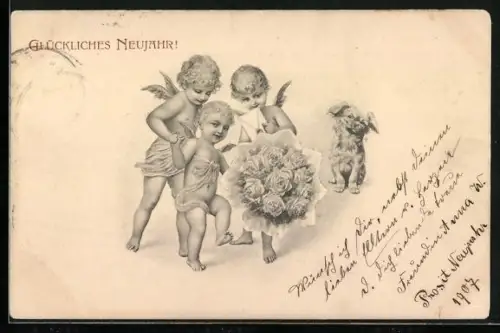 AK Kleine Neujahrsengel mit Blumenstrauss und Hund