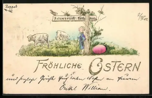 AK Junge und Osterlämmer an einem Wegweiser, Fröhliche Ostern
