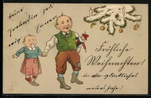 AK Junge mit Puppe nimmt seine kleine Schwester an die Hand, Weihnachten