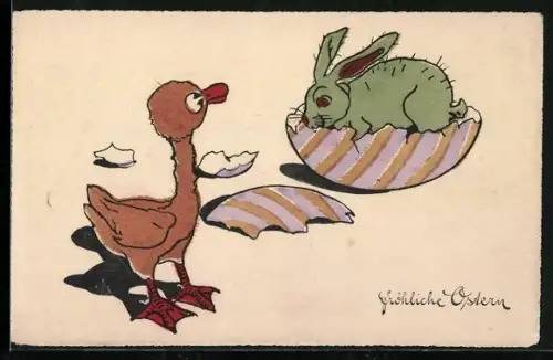 AK Küken beobachtet Osterhasen in bunter Eierschale
