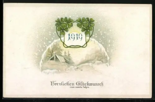 AK Kleeblätter mit der Jahreszahl 1919 über verschneiter Landschaft, Neujahrsgruss