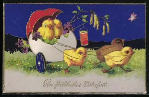 AK Osterküken ziehen ein Osterei auf Rädern über eine Wiese