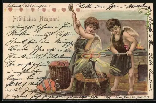 AK Amor schmiedet zwei goldenen Ringe, Fröhliches Neujahr
