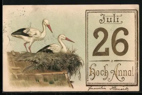 Präge-AK Namenstag Anna, Storchenpaar in seinem Nest, Kalenderblatt 26. Juli