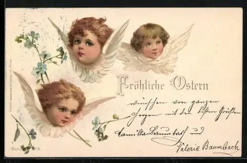 AK Kleine Osterengel mit Vergissmeinnicht-Blüten