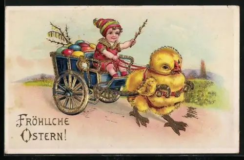 AK Osterküken zieht einen Wagen mit Ostereiern