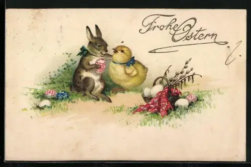 AK Osterhase und Osterküken sitzen mit bunten Eiern auf einer Wiese