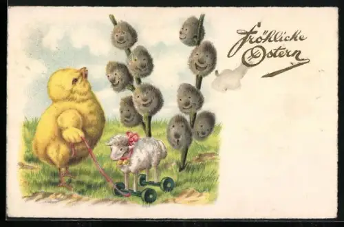 AK Osterküken betrachtet Weidenkätzchen mit lachenden Gesichtern