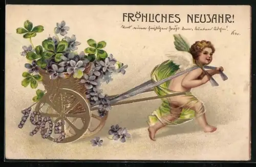 Präge-AK Neujahrsengel zieht Wagen mit Kleeblättern und der Jahreszahl 1905