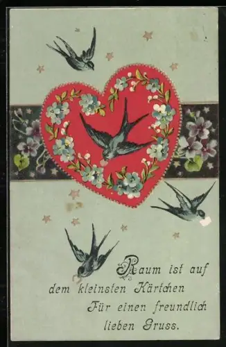Künstler-AK Schwalben mit einem grossen Herz und Vergissmeinnicht