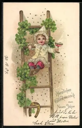 Lithographie Kind auf einer Leiter mit Weinglas, Kleeblättern und Hufeisen, Neujahr