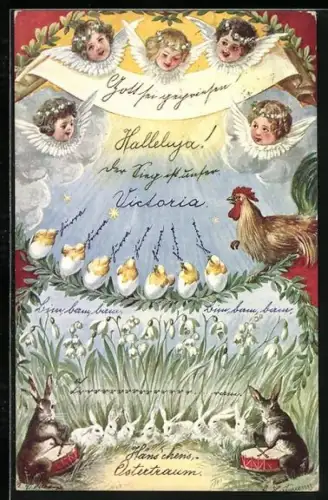Künstler-AK Osterengel singen, Osterhasen spielen trommeln, Halleluja
