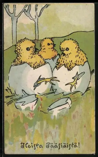 Künstler-AK Drei Osterküken schlüpfen aus ihren Eiern