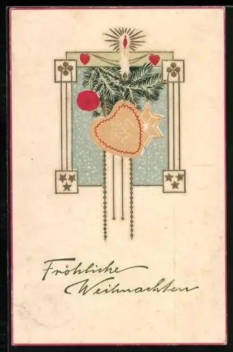 Künstler-AK Lebkuchen an einem Tannenzweig, Fröhliche Weihnachten