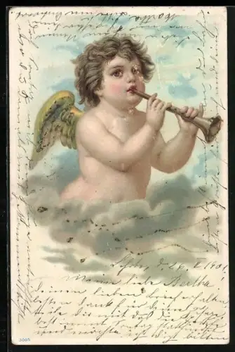 Lithographie Engel spielt im Himmel Posaune