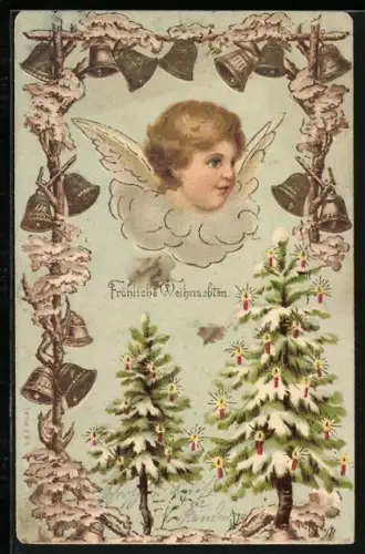 Lithographie Weihnachtsengel mit Glocken und Weihnachtsbäumen, Fröhliche Weihnachten