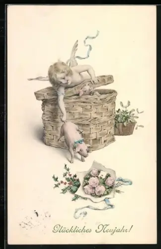 Künstler-AK Engel zieht Schwein an Schwanz zu einem Korb, Mistelzweige und Stechpalmen, Glückliches Neujahr!
