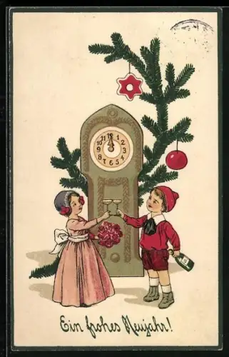 Künstler-AK Zwei Kinder stossen um Mitternacht mit Sekt an, Ein frohes Neujahr