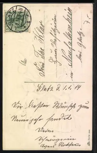 Künstler-AK Zwei Kinder stossen um Mitternacht mit Sekt an, Ein frohes Neujahr