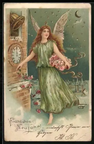 Lithographie Neujahrsengel mit Rosen in der Winterlandschaft, Fröhliches Neujahr