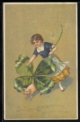 Künstler-AK Mädchen versucht Schwein mit Kleeblatt zu fangen, Neujahr