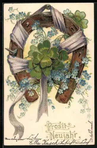 Lithographie Hufeisen mit Kleeblättern und Vergissmeinnicht, Prosit Neujahr