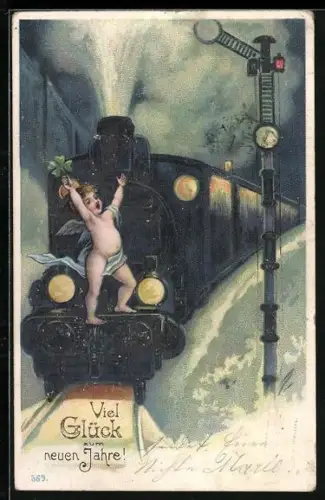 Künstler-AK Neujahrsengel auf der Lokomotive mit Kleeblatt, Neujahr