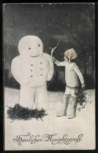 Künstler-AK Kind mit Schneemann und Mistelzweigen, Neujahr