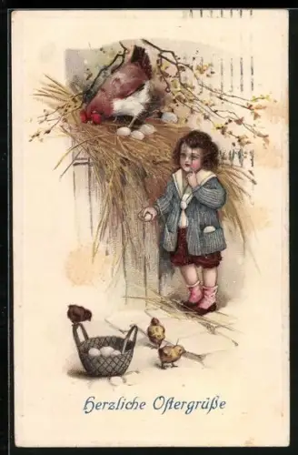 Künstler-AK Kind mit Ostereiern, Henne und Osterküken