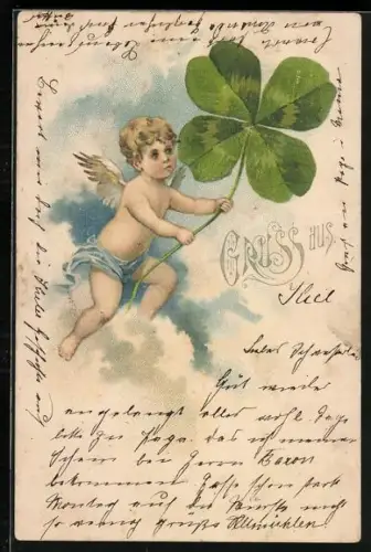 Lithographie Engel mit einem riesigen Kleeblatt, Gruss aus