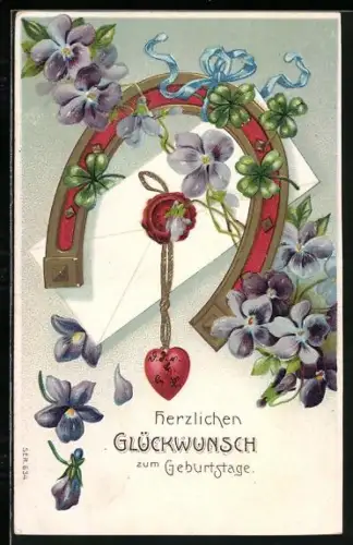 Künstler-AK Hufeisen mit Brief, Veilchen und Klee, Herzlichen Glückwunsch zum Geburtstag